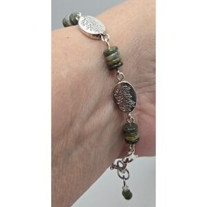 Handmade Bracelet Boho Chic Jade Stone Beads Silver Alloy Botanical Leaf Ovals